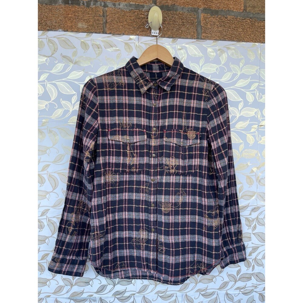 Zadig & Voltaire Deluxe Tessy Shirt Navy Red Gold Plaid Metallic Grunge Blouse M